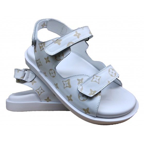 Сандалії жіночі шкіряні білі з принтом - M-28 white with print Сандалії жіночі шкіряні білі з принтом - M-28 white with print